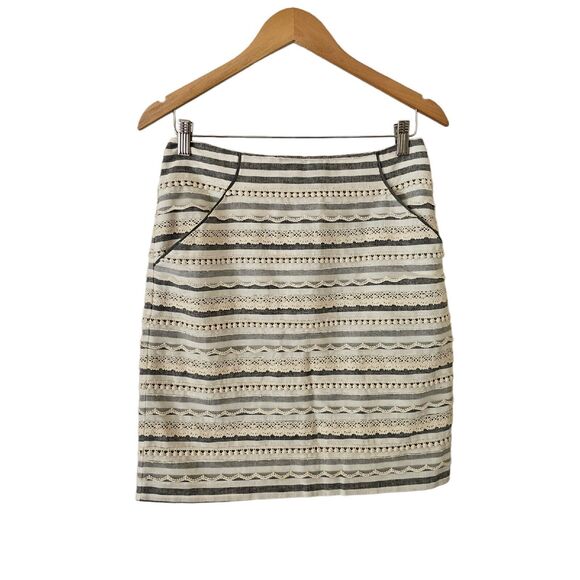 TABITHA Anthropologie Skirt Linen Pencil Ivory Blue Lace Stripe 2 - Picture 3 of 5